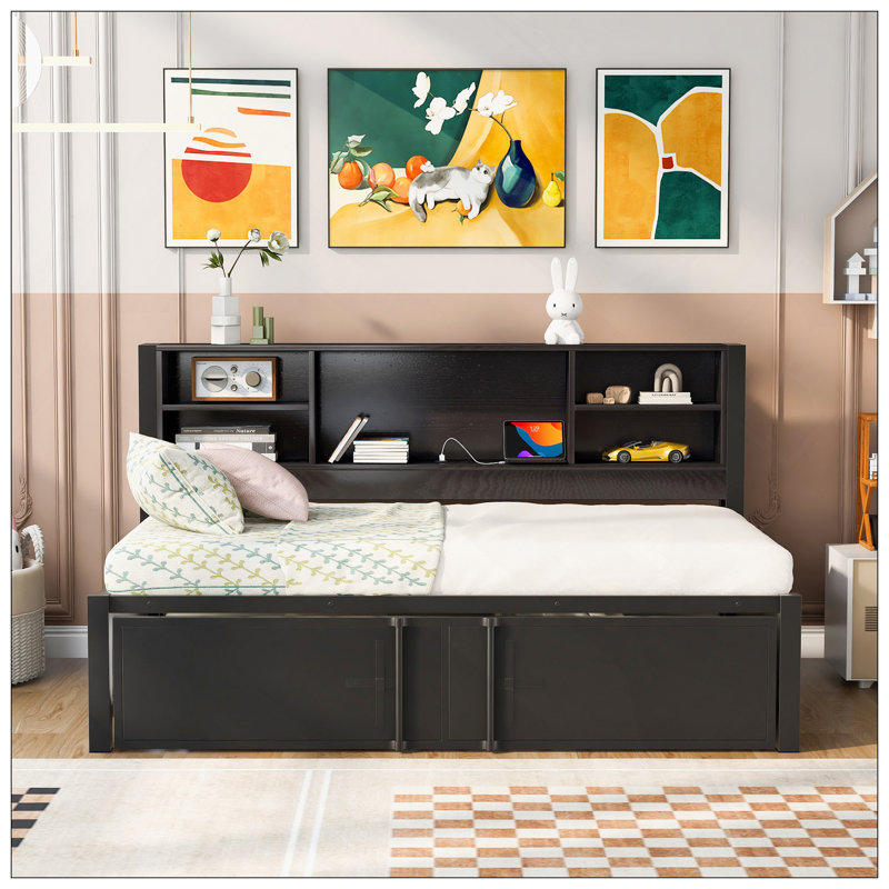 Lit de jour simple en métal avec lit gigogne simple, tablettes de rangement et ports USB