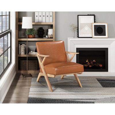 Chaise d'appoint à structure naturelle en bois d'hévéa avec revêtement en similicuir brun pour la maison solide et dossier