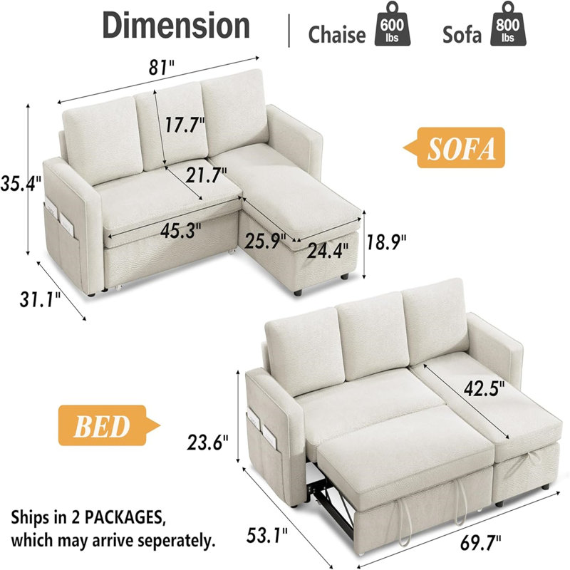 Ebern Designs 81" Convertible L Shaped Couch Sofa Sleeper With Reversible Chaise With Storage And Side Pockets, Beige