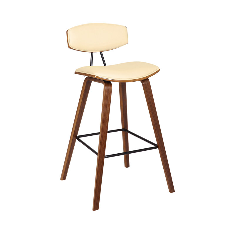 Tellis Mid-Century Modern Armless Stool in Faux Leather and Wood, Cream, Counter Height, Walnut