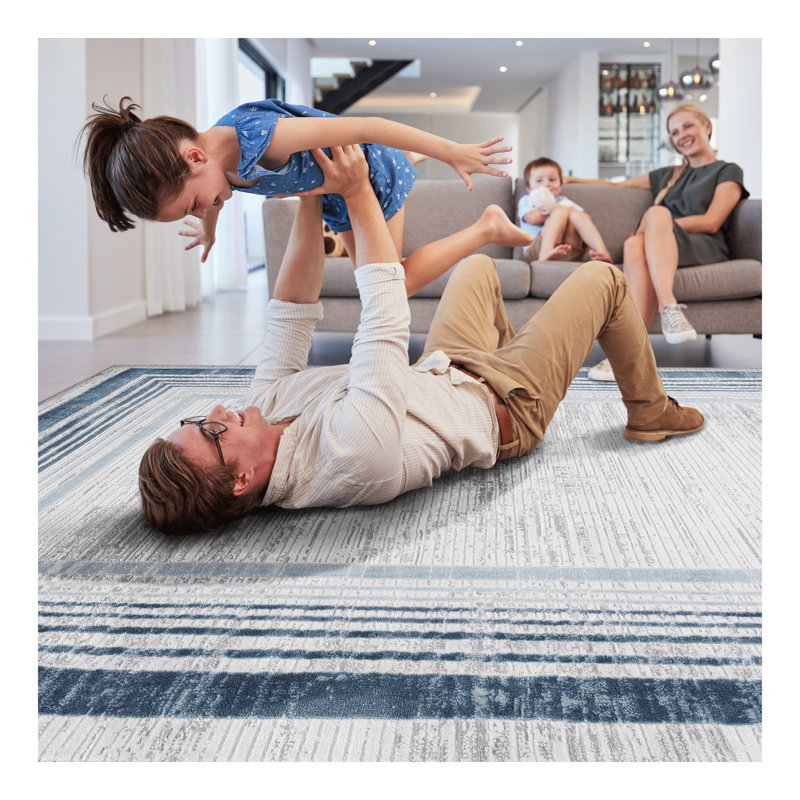 Collection Blue/Bordered Non-Shedding Living Room Bedroom Dining Home Office Stylish and Stain Resistant Area Rug