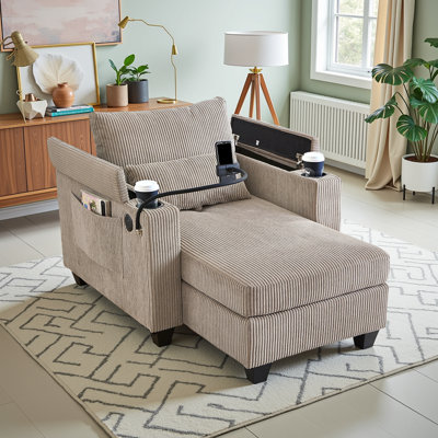 Convertible Corduroy Chaise Lounge Chair with USB, Cup Holders & Storage Armrests by Mercer41