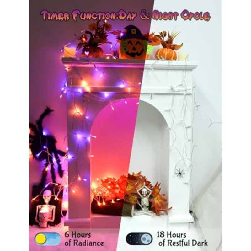 Guirlandes d'Halloween fonctionnant à piles avec minuterie, guirlandes orange et mauves pour l'extérieur 9,8 pi 30 DEL, décorations d'Halloween pour les allées de fête pour l'extérieur