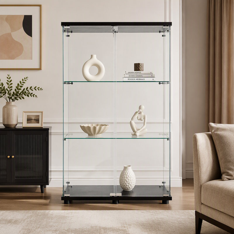 Two Door Glass Cabinet Glass Display Cabinet With 3 Shelves, Storage Cabinet, Display Cabinet, Glass Cabinet, Black