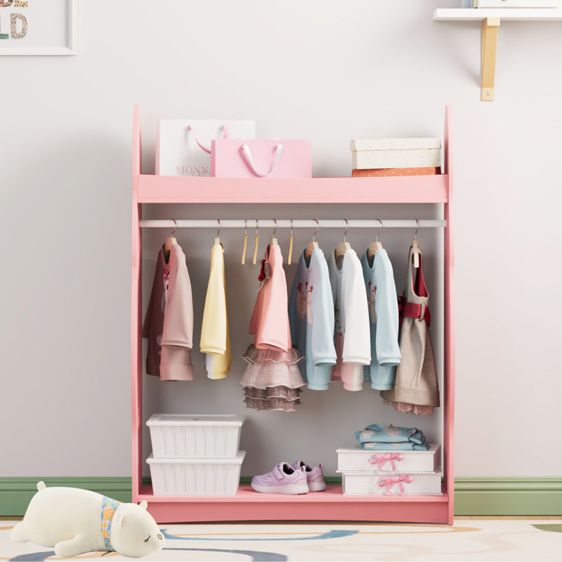 Cloud-Shaped Kids Dress-Up Wardrobe with Mirror, Open Hanging Rail & Storage Shelves, Pink