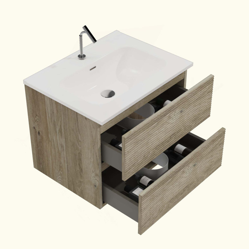 Meuble-lavabo mural en chêne brut et chêne brut avec lavabo en céramique intégré avec trop-plein, grand meuble-lavabo flottant avec rangement pour salle de bain moderne, KD