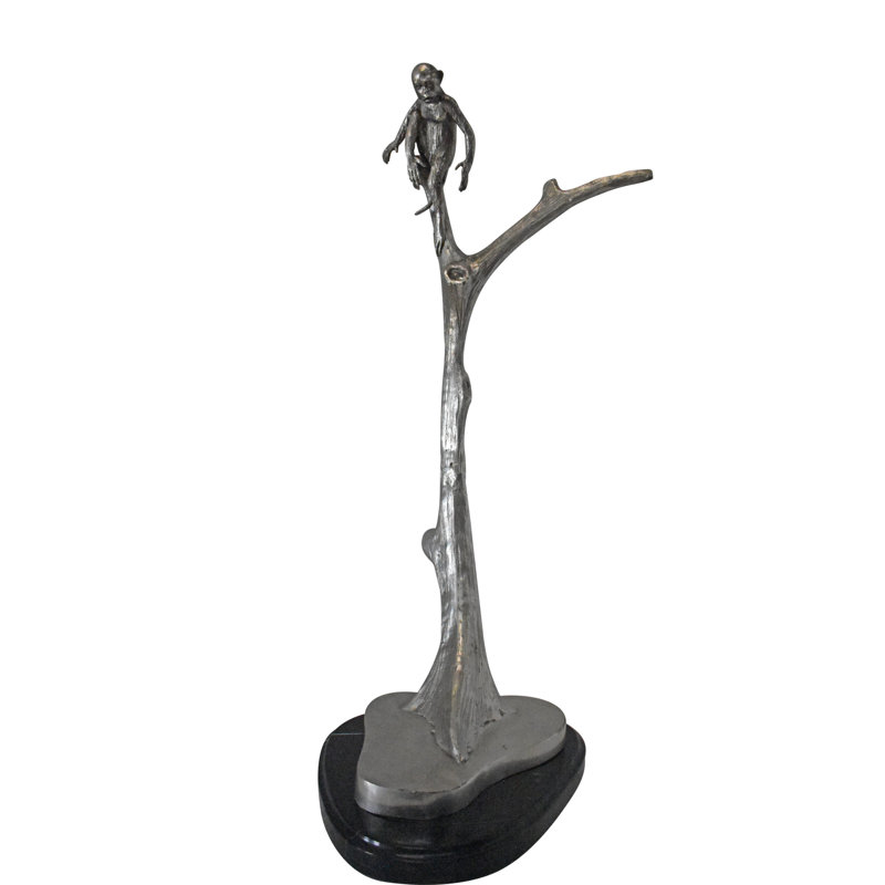 Monkey Resting On A Tree Silver Finish Bronze Statue - Size: 12" X 13" X 27"H., Black/Sliver