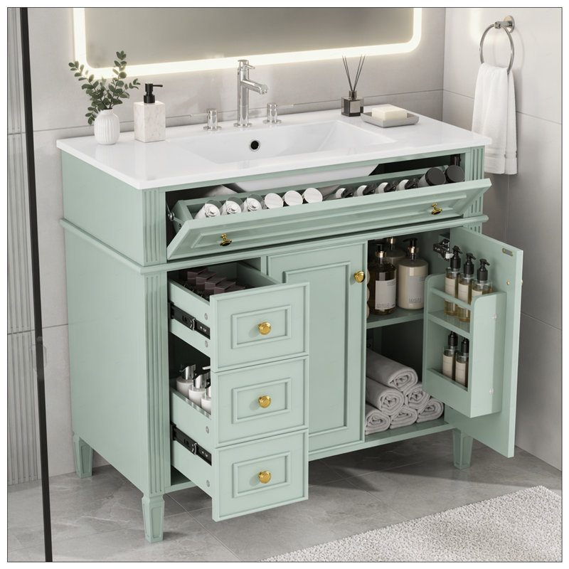 Meuble-lavabo de 36 po avec lavabo, armoire en bois massif avec tiroir rabattable, 3 tiroirs et 2 portes à fermeture en douceur, poignées dorées et design moderne