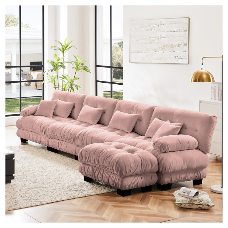 Canapé modulaire en chenille rose, canapé en forme de L à 4 places avec repose-pieds convertible pour le salon