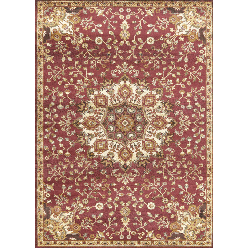 Tapis rouge en polypropylène 7 pi 3 po par 5 motif médaillon classique et intemporel pour tout espace
