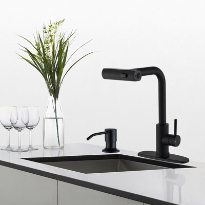 Modern Stainless Steel Single-Lever Kitchen Faucet With Pull-Down Nozzle With Soap Dispenser