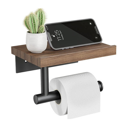 Solid Wood Toilet Paper Holder With Shelf - Wall-Mounted Paper Roll Dispenser For Bathroom Storage