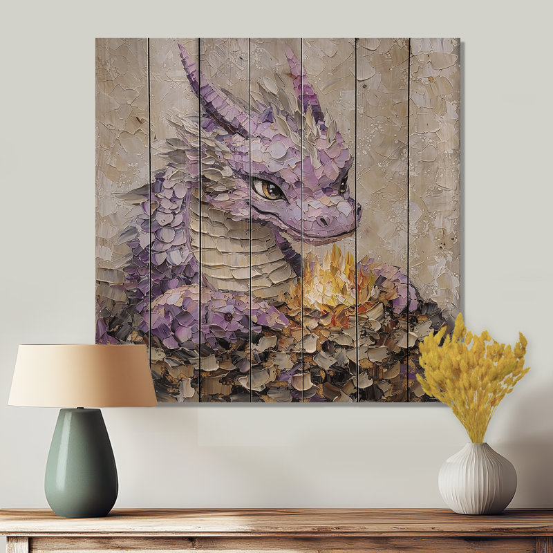 Cute Dragon Den I - Dragons Purple Wood Print On Natural Pine Wood, 15" H x 15" W