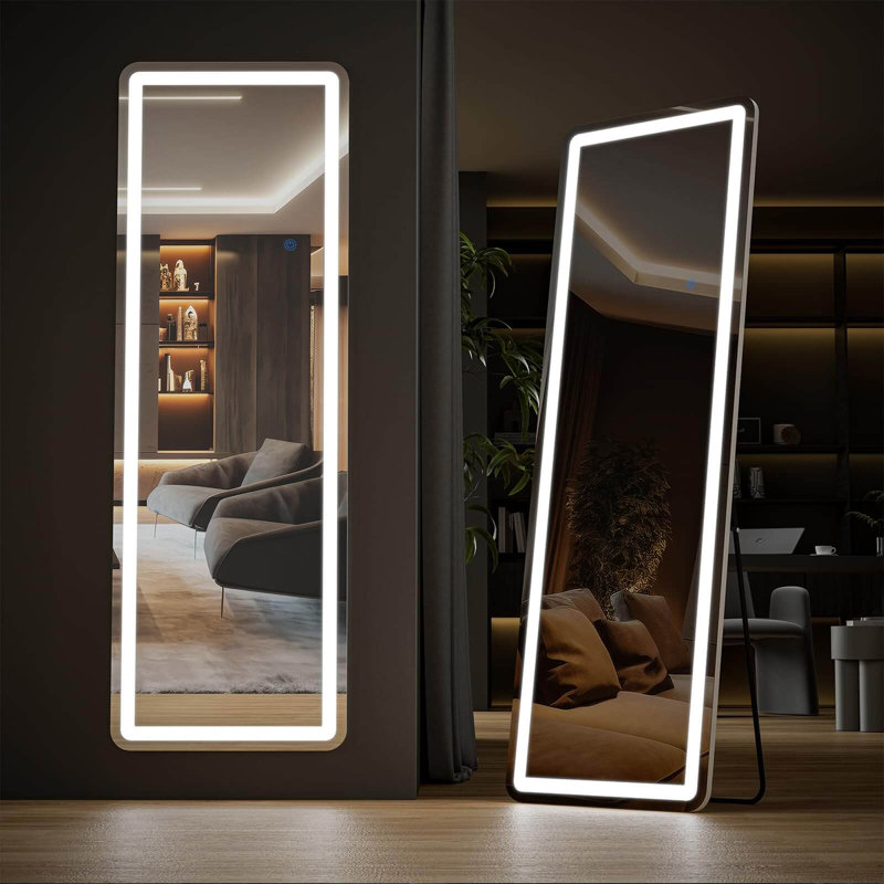 3 Color Lighting Mirror With LED Lights, 64"X21" Lighted Floor Standing Mirror With Stand