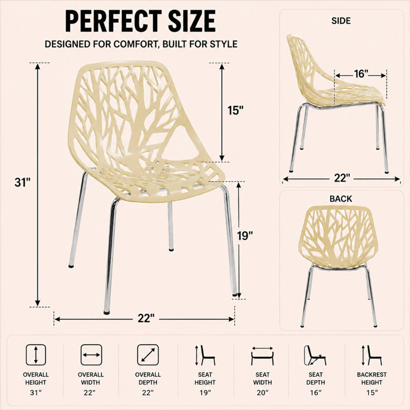 Stackable Dining Side Chairs with Floral Cutout Back and Stainless Steel Legs – Modern Kitchen, Restaurant, or Banquet Seating
