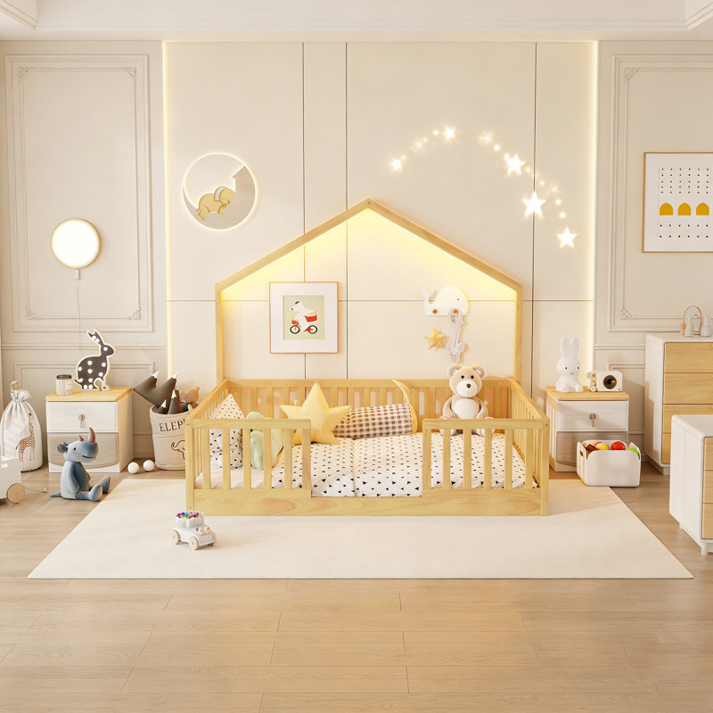 Lit sur pied avec rails de sécurité, conception Montessori en bois pour enfants, Naturel, Lit double