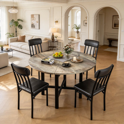 Table de salle à manger ronde pour 4 à 6 personnes, table de cuisine en bois et chaises pour 4 personnes, table de cuisine en panneau de fibres à densité moyenne et structure en métal, table de salle à manger moderne avec 4 chaises en similicuir, table de salle à manger ronde pour les petits espaces