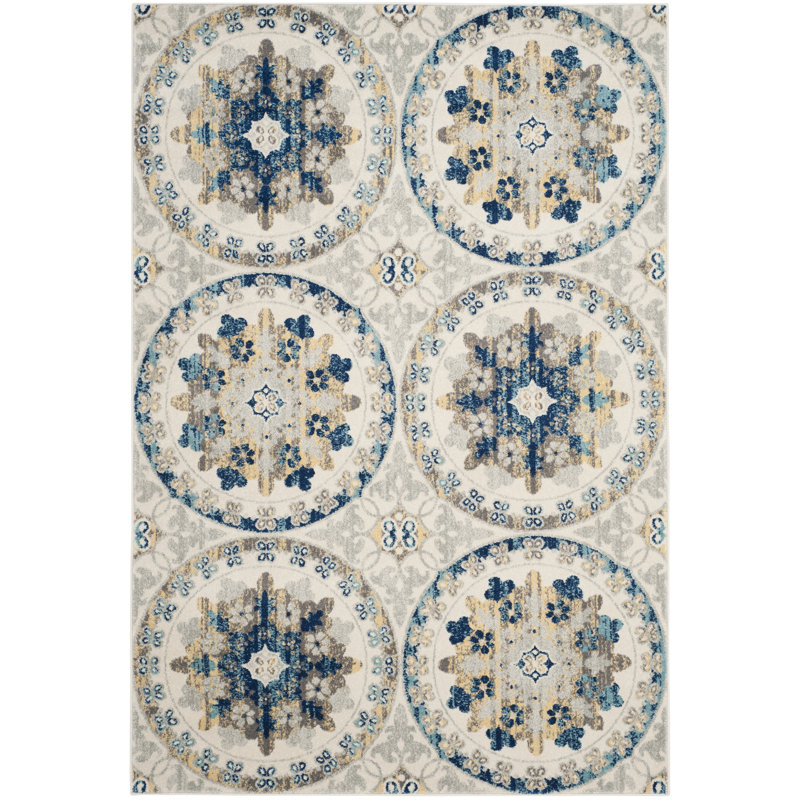 Ivory and Blue Geometric Synthetic Easy Care Rug