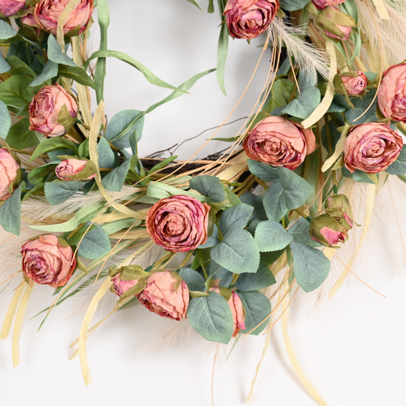 24 po Boho artificiel automne récolte herbe de la pampa verdure feuilles roses porte d'entrée florale décor de l'Action de grâce