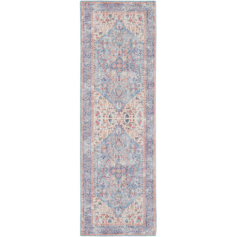 Machine Washable Oriental Blue/Red Area Rug, Runner 2'2" x 8'