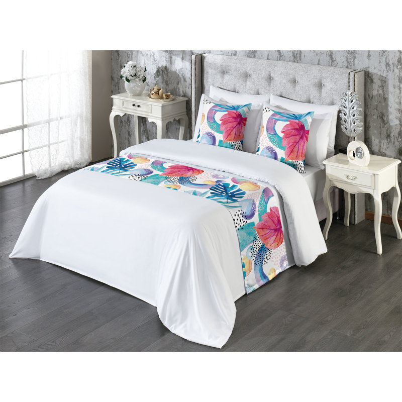 Ensemble de chemin de lit Ambesonne Exotics Hawaï motif de feuilles Memphis corail foncé lavande foncé, Très grand lit