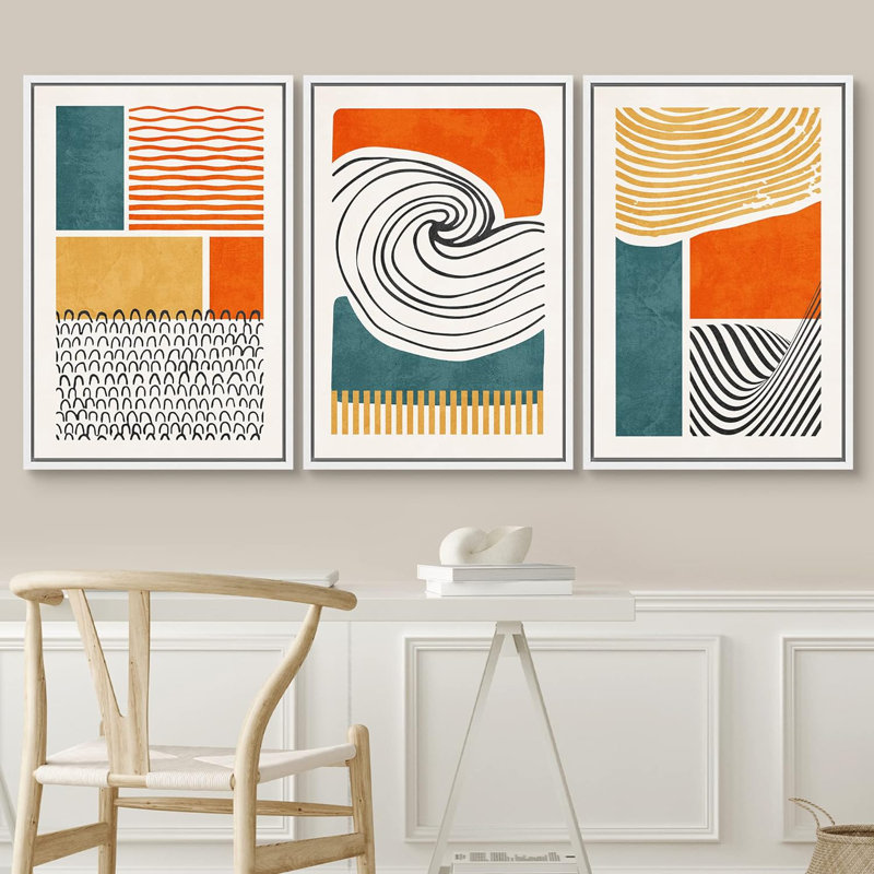 Abstrait bloc de couleurs vibrantes Mid-Century, paysage carré carré encadré sur toile, reproduction de 3 pièces, Blanc