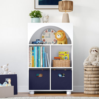 RiverRidge Kids Curve Appeal 23" Bookcase with 4 Cubbies and Arched Design - Sturdy Kids Bookshelf and Toy Storage Organizer for Playroom - White with 2 Navy Fabric Bins
