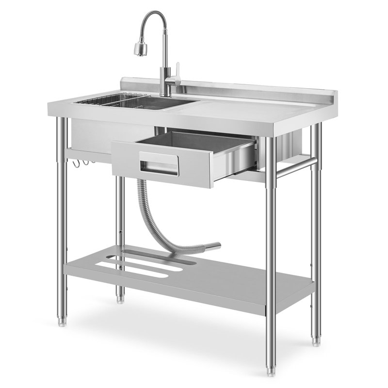 Évier utilitaire autoportant en acier inoxydable avec établi, évier simple commercial avec robinet d'eau chaude et froide