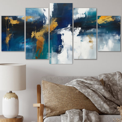 «Feeling Spirit» abstrait en bleu Nova et or - salon abstrait art mural - 5 panneaux