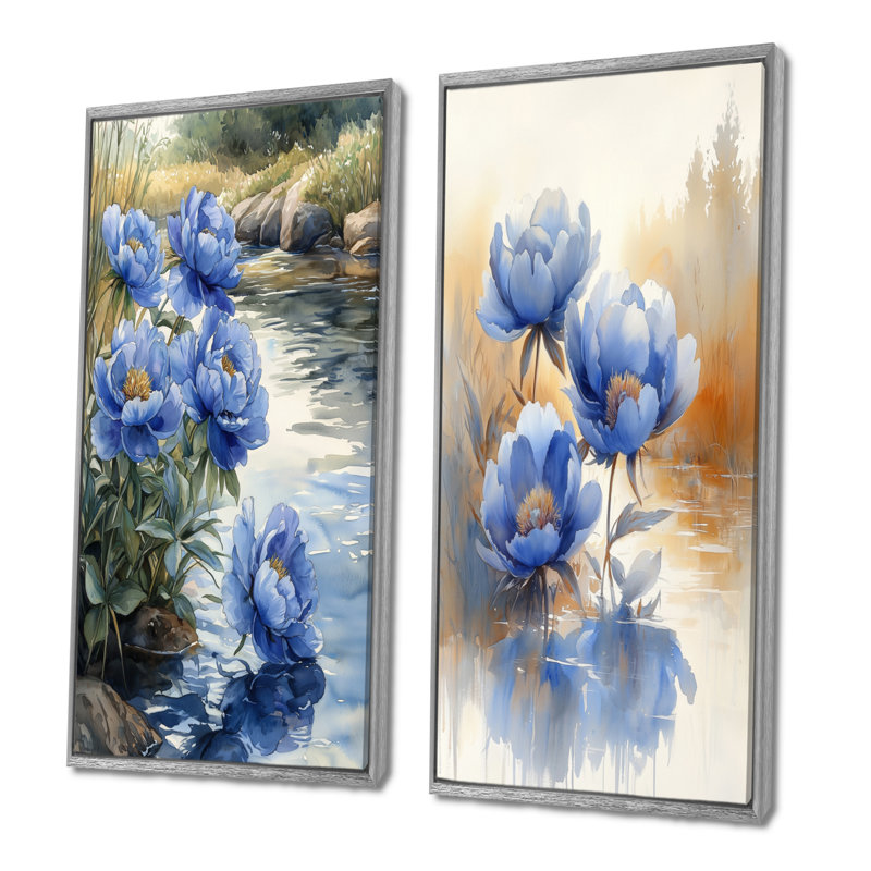 Bleuet bleu pivoines au bord de la rivière I - Collection de 2 panneaux de toiles florales, H 28 po x l 25 po