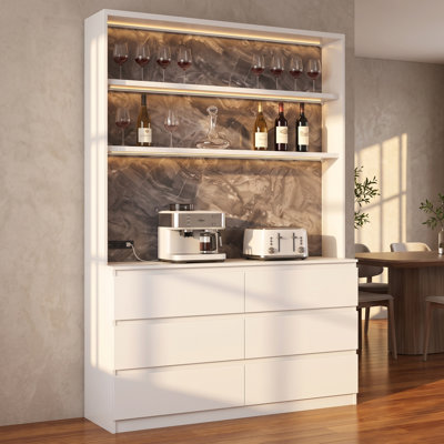 Buffet blanc 92,5 po avec 6 tiroirs, DEL intelligentes et ports USB