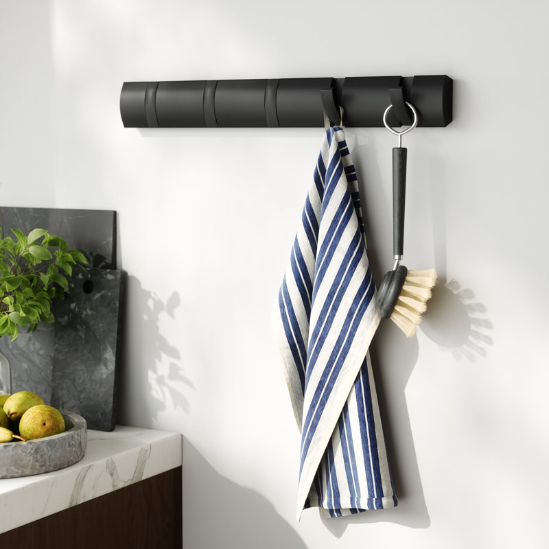 Flip 5-Hook Wall-Mounted Coat Rack, Solid Wood with Flip-Down Hooks for Entryway, Bedroom, Office, Black