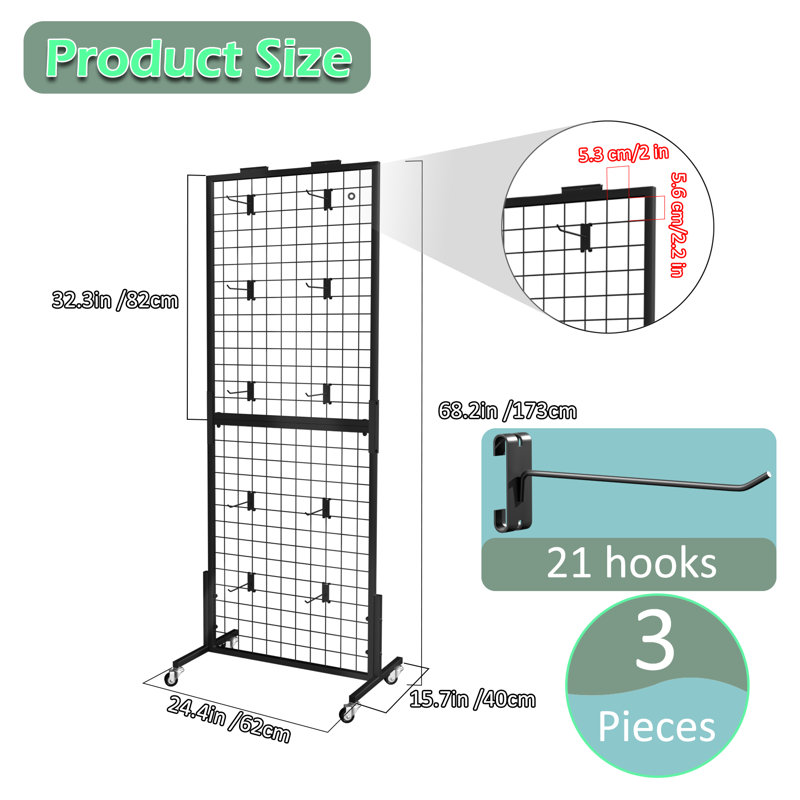  Grid Wall Panels Display Stand - 3pcs with 21 Hooks, 2*5.6ft Display Racks For Vendor Events Art Display Panels Linkable Heavy Duty Floor Standing Movable Retail Display Stand