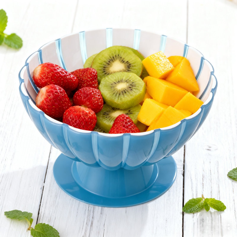 Blue petal-shaped fruit bowl with stand