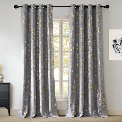 100% Blackout Curtains, Grommet Pattern Gold Foil Printed Window Treatments Room Darkening Drapes for Bedroom, 2 Panels