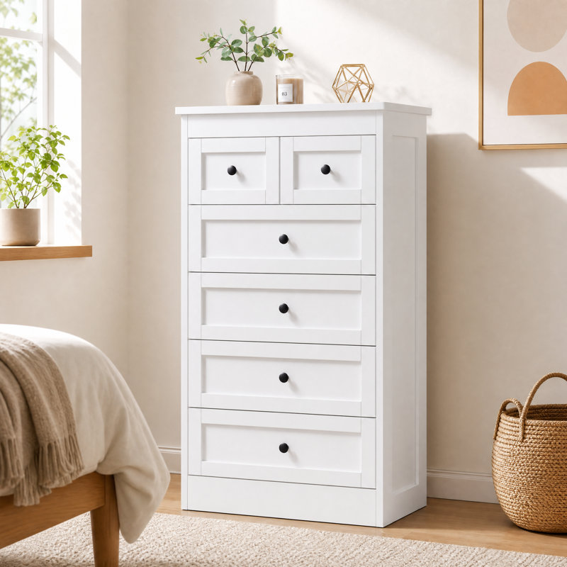 Commode en bois à 6 tiroirs de 110 cm de hauteur, meuble de rangement moderne avec glissières métalliques et système anti-basculement, montage facile avec guide vidéo.