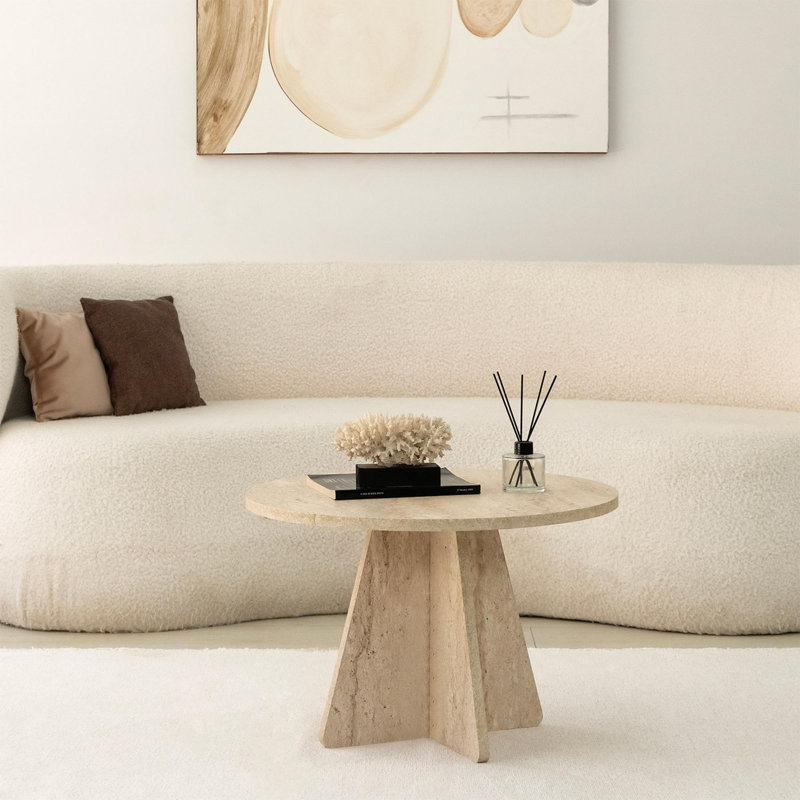 Table basse moderne, couleur travertin, 23,6 po de diamètre x 15,7 po de hauteur | 100% panneau de particules enduit de mélamine, épaisseur: 0,7 po | Design élégant beige uni, parfait pour le salon et les espaces contemporains, ajout durable et élégant