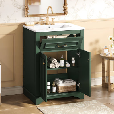 Meuble-lavabo de 24 po avec lavabo en céramique, 2 portes, 1 tiroir basculant, rangement spacieux, style contemporain, assemblage simple avec armoire à 2 portes, look, mécanisme,