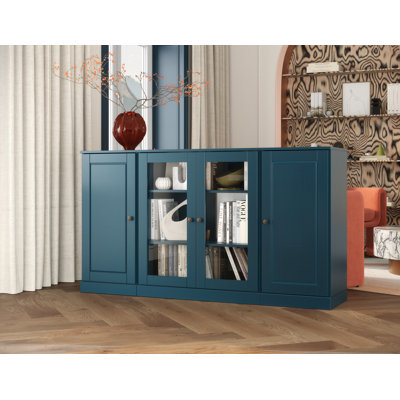 Buffet 100% bois massif 65 po avec portes en verre transparent et tablettes réglables