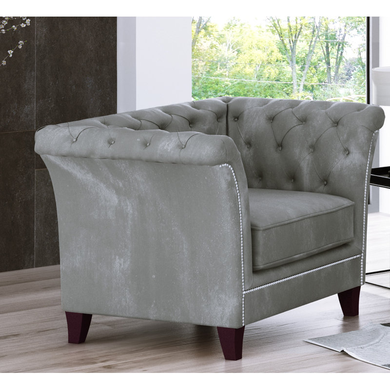 Chesterfield  Armchair Made of Velvet Fabric with Solid Wood Legs, Grey
