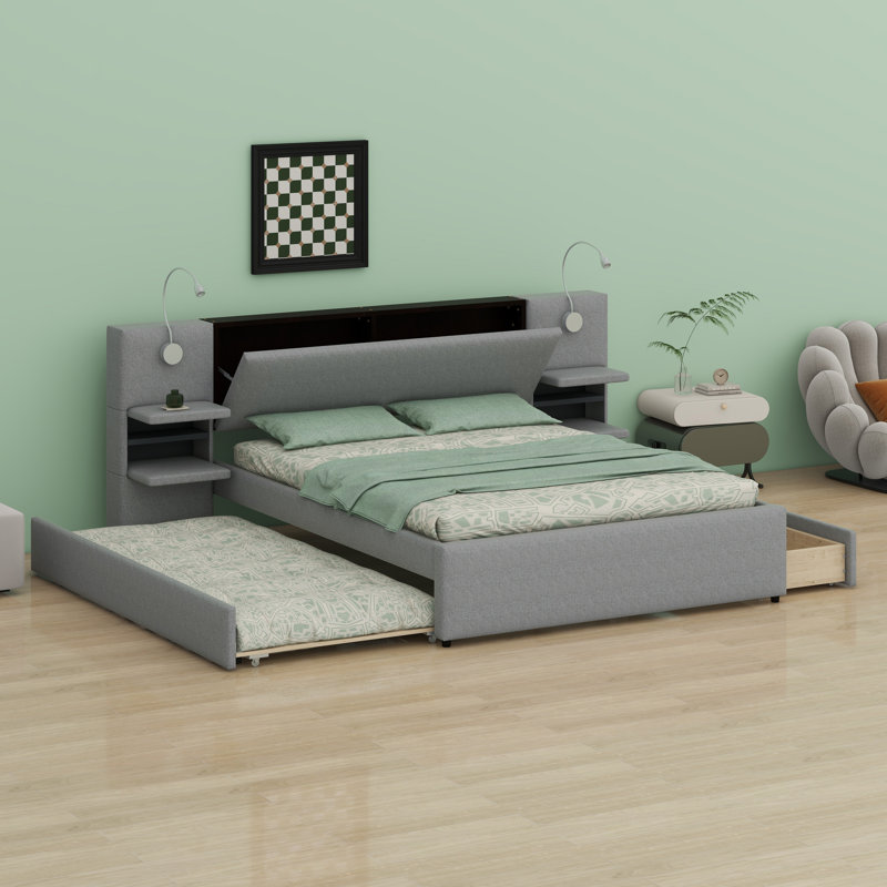 Lit plateforme tapissier avec lampes de lecture, Gris