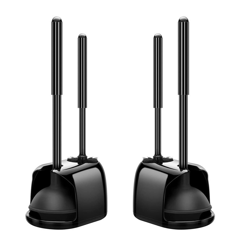 Black Heavy Duty Toilet Brush and Plunger Set with Holder
