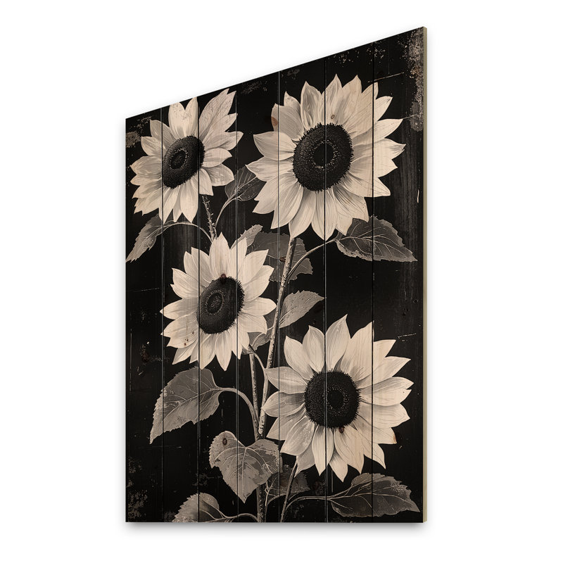 Midnight Sunflowers Beauty - Sunflowers Wood Wall Art - On Natural Pine Wood, 20" H x 10" W x 0.78" D