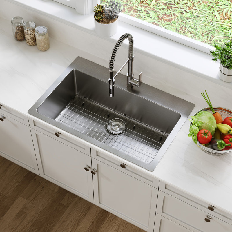 Deervalley 33" L X 22" W Drop-In Single Bowl 18-Gauge Stainless Steel Kitchen Sink With Bottom Grid