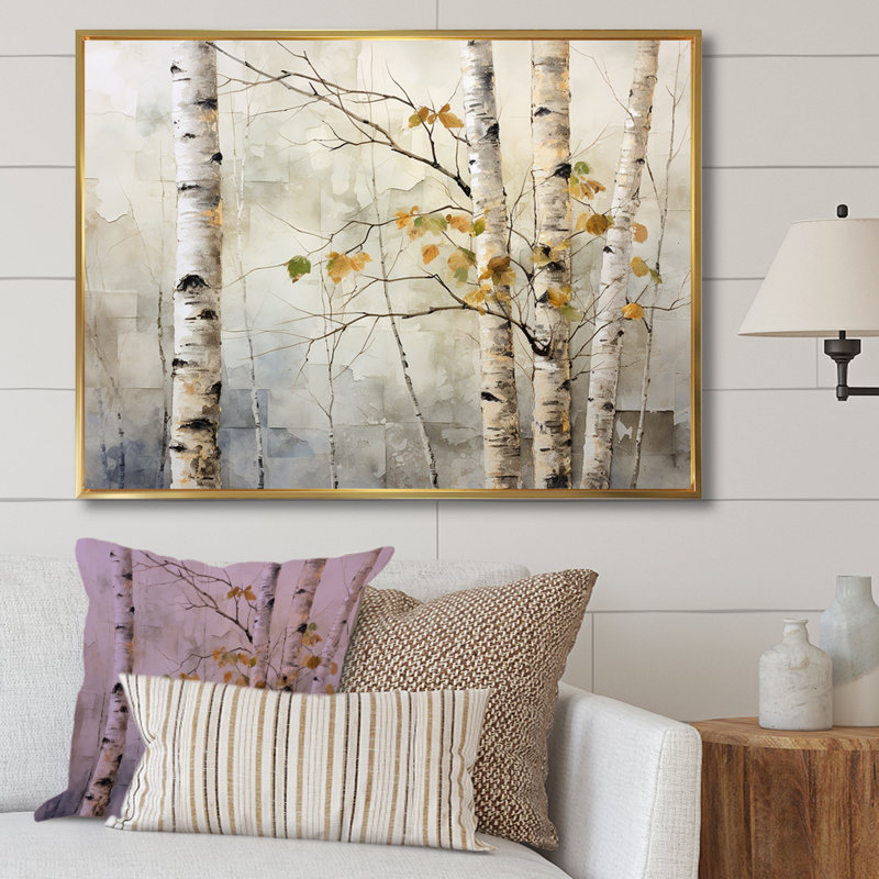 «Beige Silver Birch Tree Beauty I» sur toile, H 16 po x l 32 po x P 1 po, Cadre flottant doré