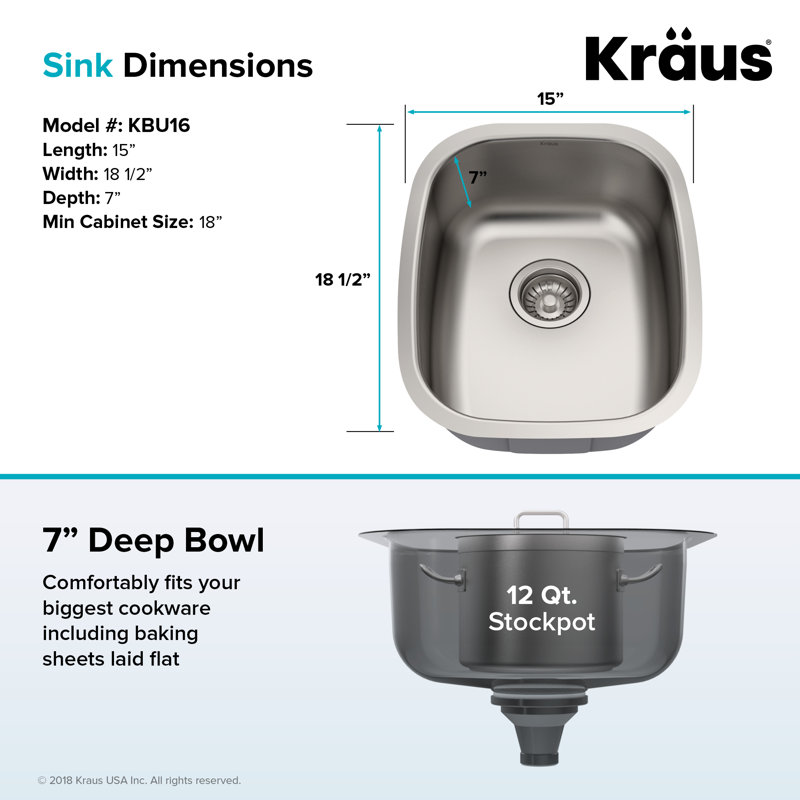 Évier de cuisine en acier inoxydable KRAUS Premier, L 18,5 po x H 7 po x l 14,5 po