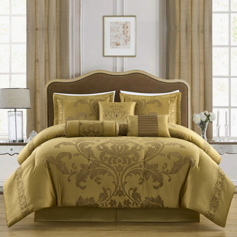 Royale Jacquard Floral 7 Piece Comforter Set, Gold, Oversized King Comforter + 6 Additional Pieces