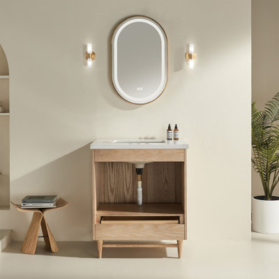 Fully Assembled 30''  Light Coffee Freestanding Single Sink Bathroom Vanity with Solid Wood Construction and Engineered White Top
