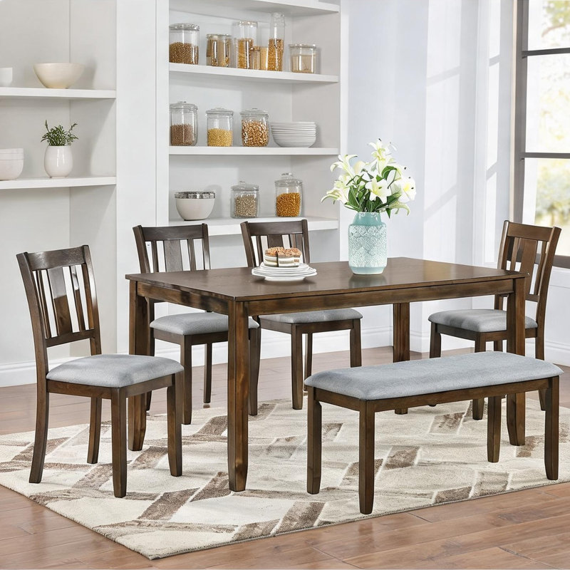 Ensemble de salle à manger moderne pour 6 personnes avec table rectangulaire, 4 chaises rembourrées et banc Modern