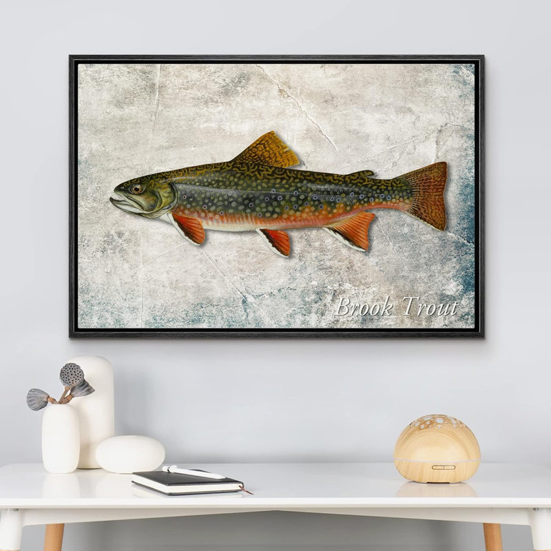 «Trout Fish on Granite Marine Life Animals» sur toile, H 24 po x l 36 po, Cadre noir